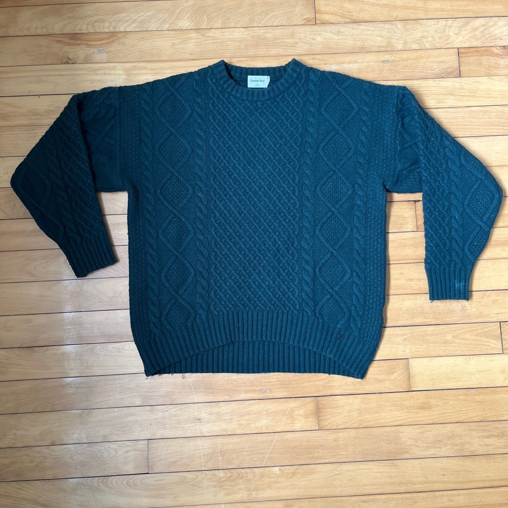 Sunday Best Forest Green Cable Knit Crew Neck Sweater XS Chunky High Low Hem